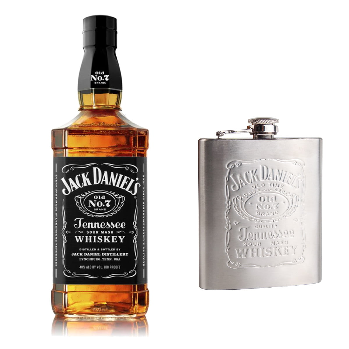 una vez sobras Paleto Jack Daniels Nro.7 750ml + Petaca acero Inox. | Whiskypedia