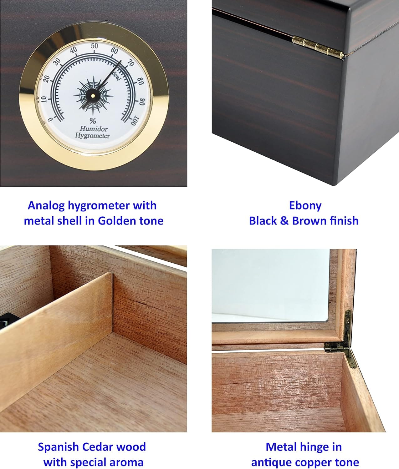 Humidor madera color ebano con vidrio 25 cigarros con higrometro exterior 6